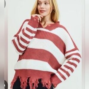 Striped Fringed Hem Sweater - Red and White Sz XL